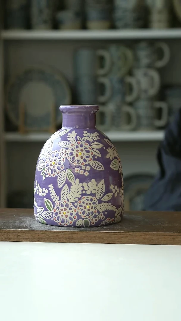 ?****?微瑕出法Langs浮雕紫色繁花花瓶16cm@4-2@