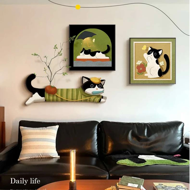 多巴胺客厅装饰画中古风猫咪沙发背景墙挂画创意餐厅儿童房间壁画
