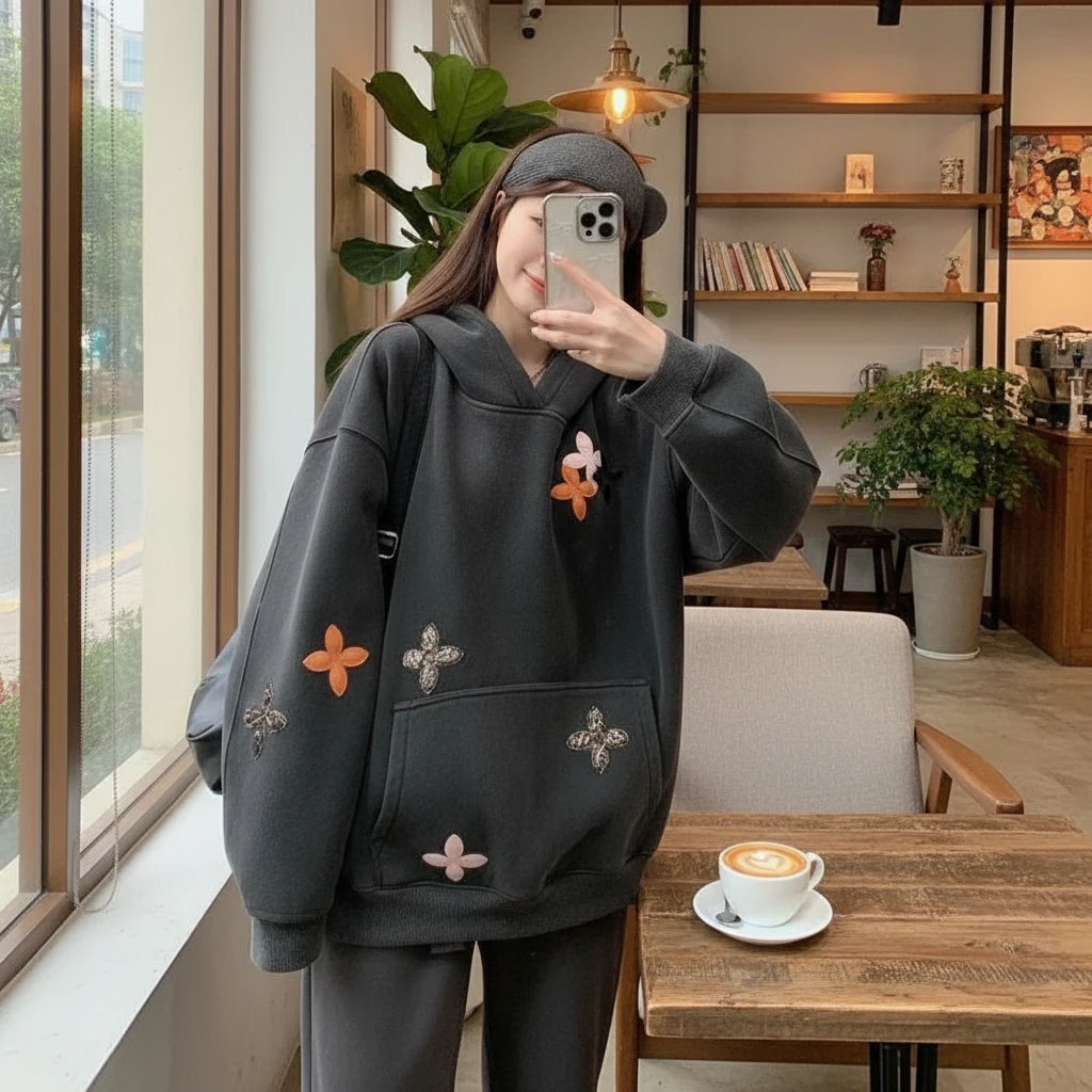 特大码300斤美式高街重工刺绣连帽卫衣男女2025款加绒情侣外套潮