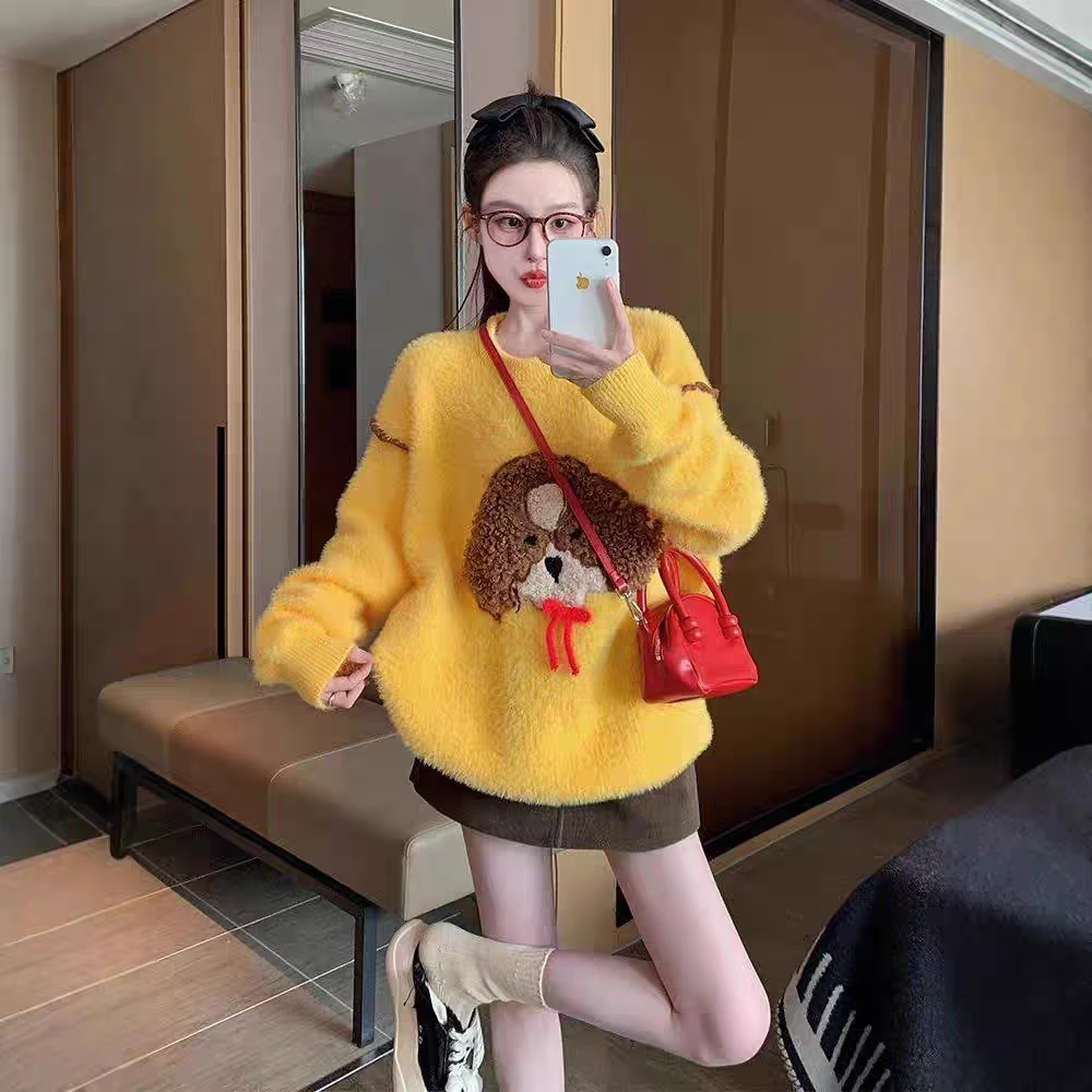 美式复古仿水貂绒提花小狗毛衣女宽松软糯圆领针织衫秋冬套头外套