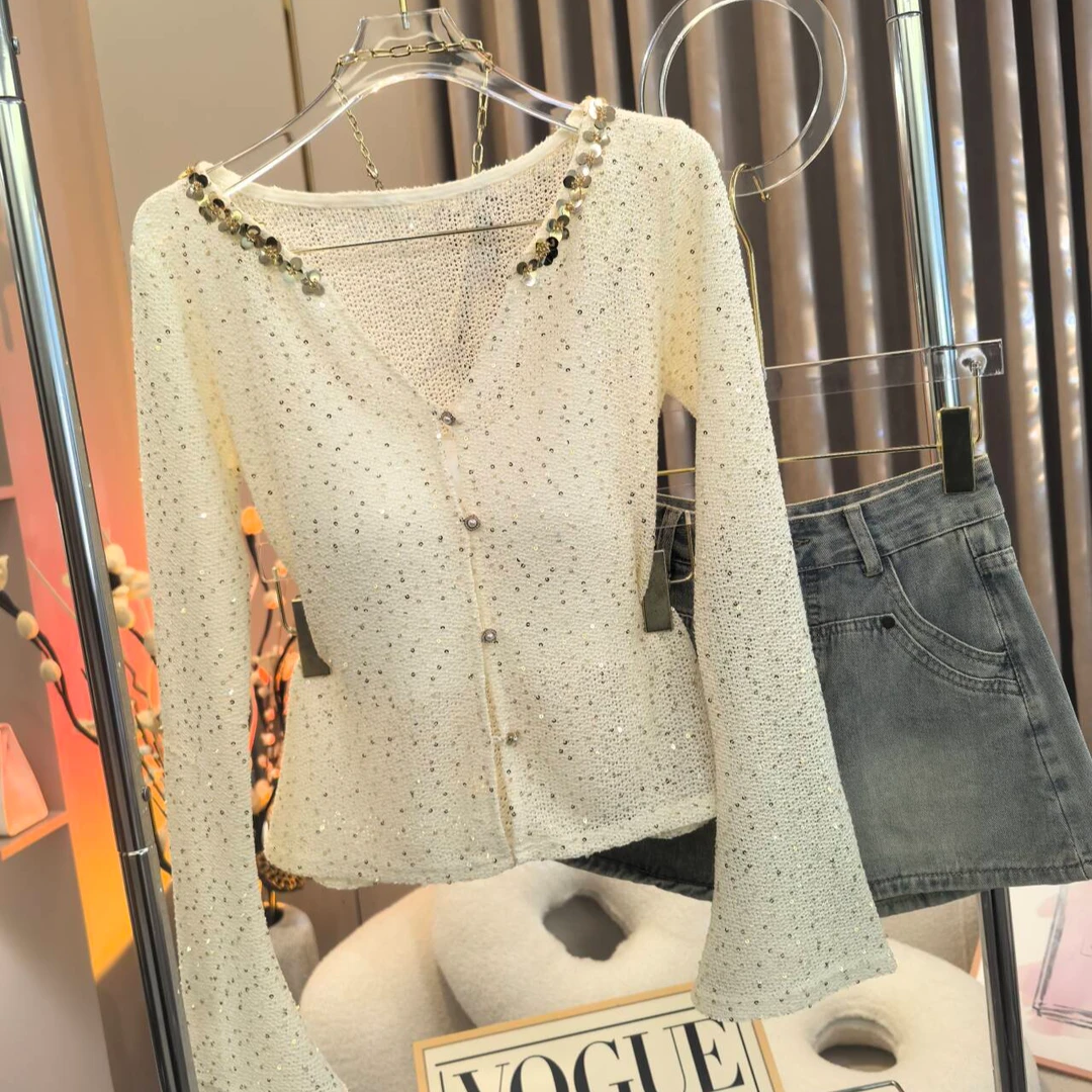 【A9849墨丽】2025早秋修身显瘦百搭长袖防晒纯欲上衣+吊带两件