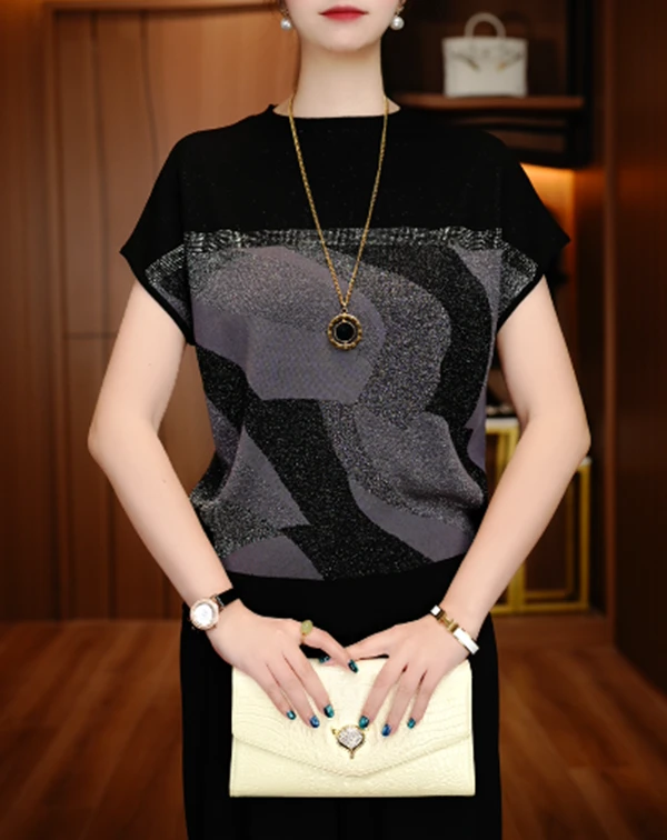 国颐 新款春夏针织衫短袖女高端显瘦显白百搭时尚上衣V25Q971