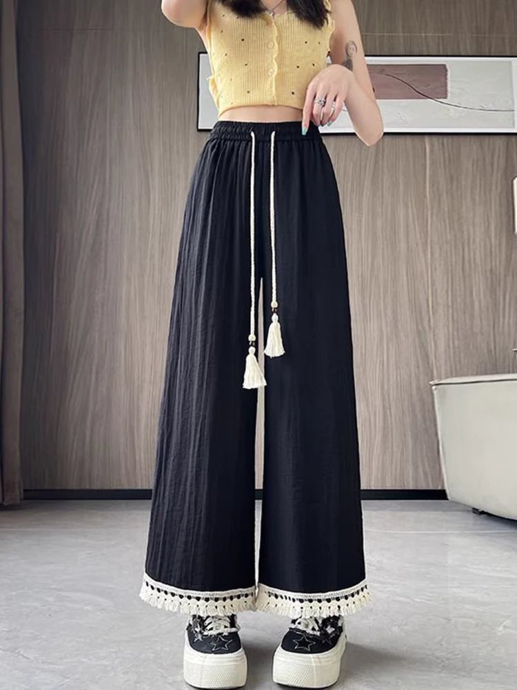 九分流苏阔腿裤女夏季新款小个子穿搭显高窄版宽松高腰垂感直筒裤