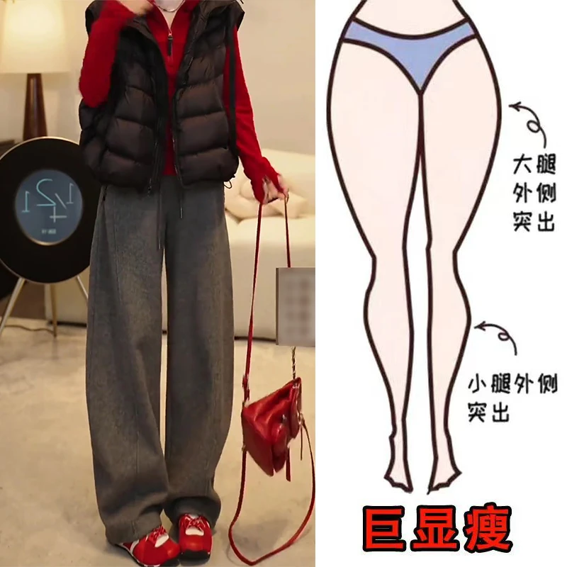 冬季新款欧韩时尚加绒简约休闲百搭运动遮肉显瘦高腰宽松阔腿卫裤