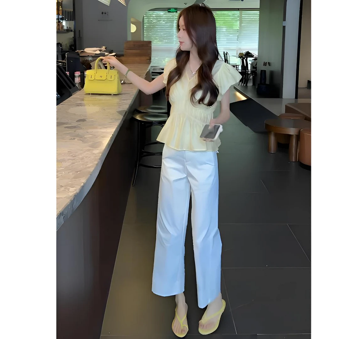 时尚套装女夏季新款洋气显瘦冰丝凉感荷叶边短袖上衣阔腿裤两件套