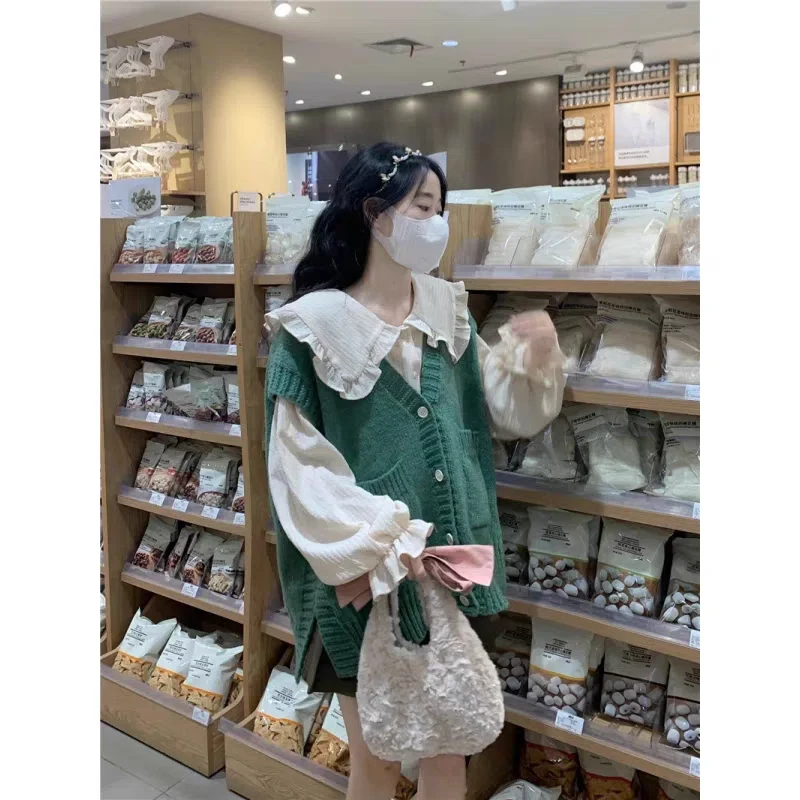 港风复古宽松V领针织马甲背心毛衣开衫百搭木耳边衬衫两件套