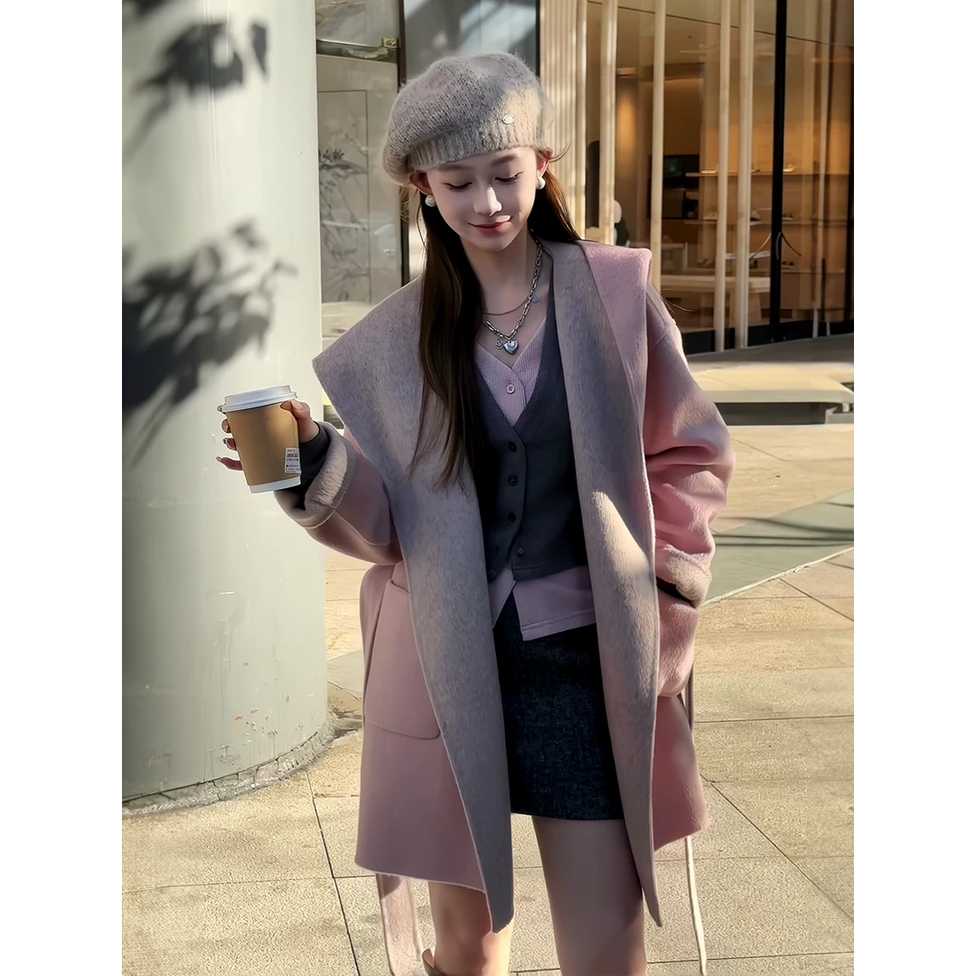 韩系毛呢外套女2025新款秋冬季中长款赫本风高级感连帽呢子大衣潮