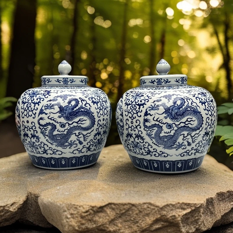 【器度甄选】景德镇 快雪时晴 柴窑青花 五龙团龙纹盖罐