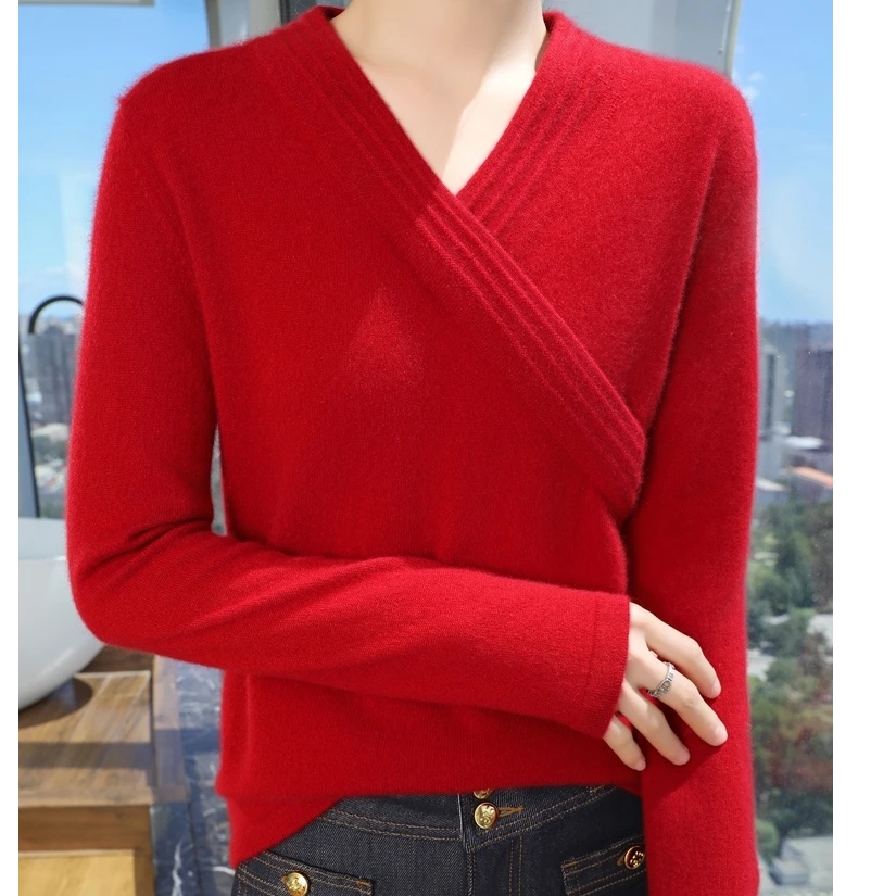秋冬交叉V领羊绒衫女复古国风百搭气质软糯针织打底上衣ZM-367