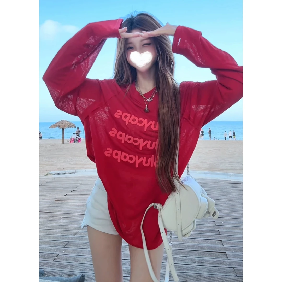 【现货+运费险】25年夏季新款雪花棉T恤字母印花防晒衣空调罩衣8075