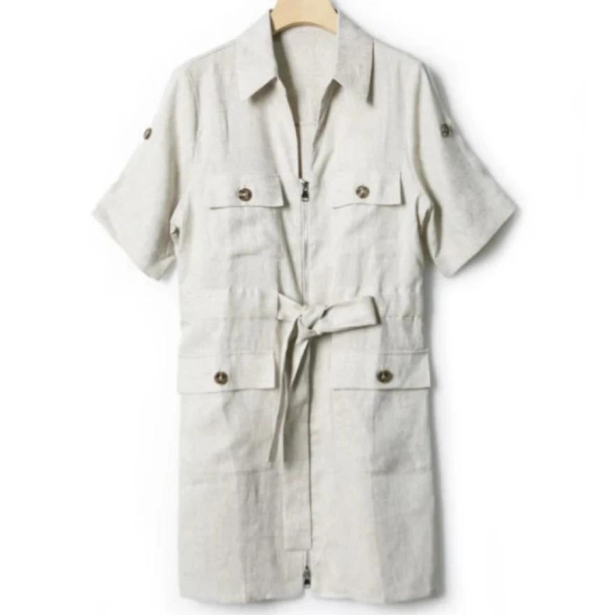 【ICS 韵裕】收腰工装连衣裙翻领设计短款挺括口袋拉链猎装风