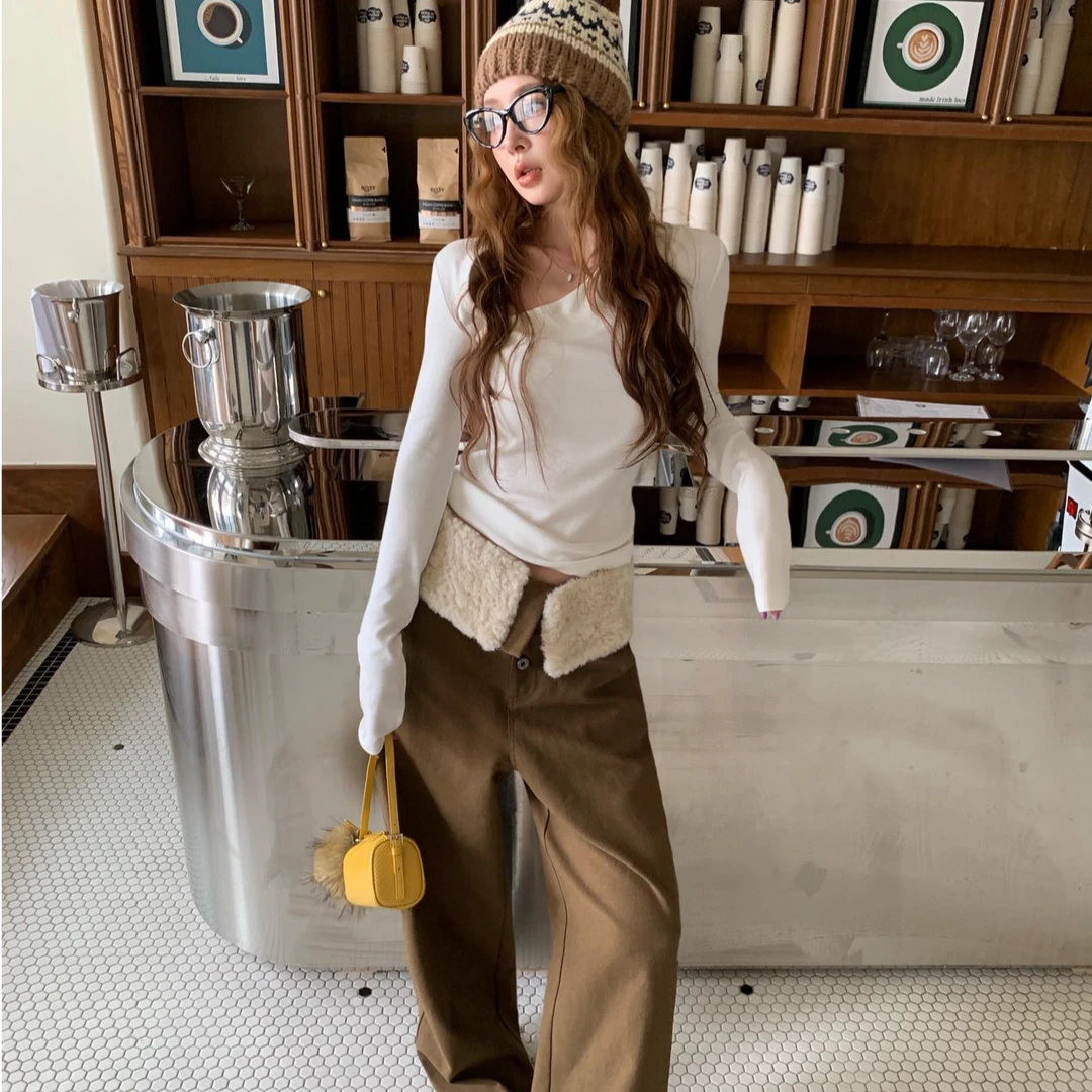 韩系长袖t恤女春季2026穿搭打底衫辣妹内搭上衣设计感阔腿长裤子