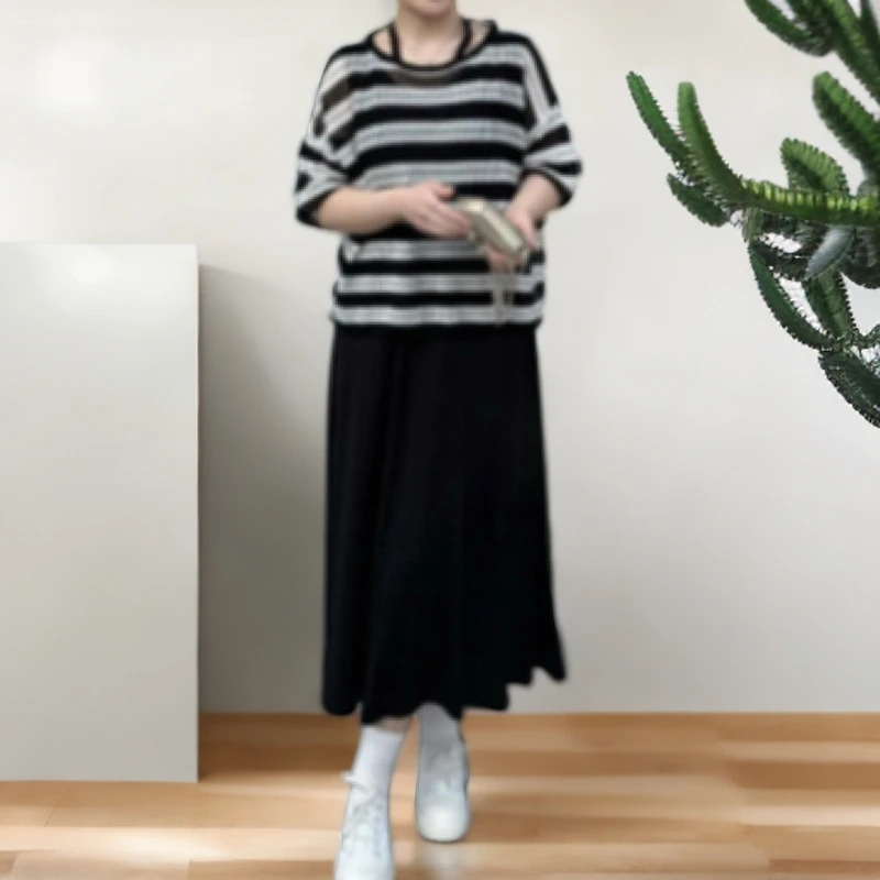 现货～【慵懒条纹-短袖版】短袖慵懒罩衫+百搭背心裙大码显瘦套装