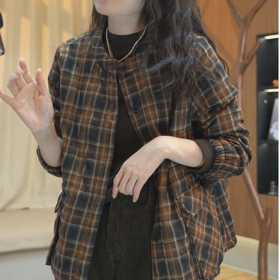 25771-百搭厚款衬衫圆领短款格纹衬衣常规休闲时尚复古