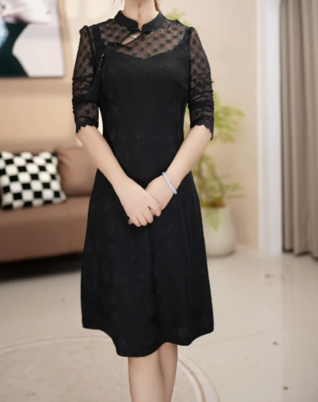 F797 连衣裙2025新款女妈妈高端修身时尚收腰显瘦气质中长款
