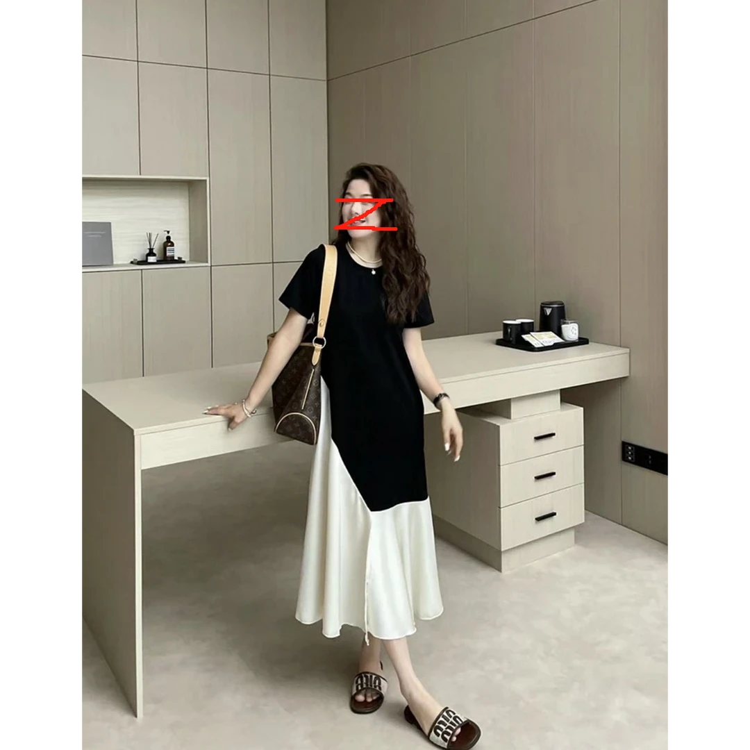 大码女装2025夏季新款不规则拼接气质短袖连衣裙鱼尾裙2116