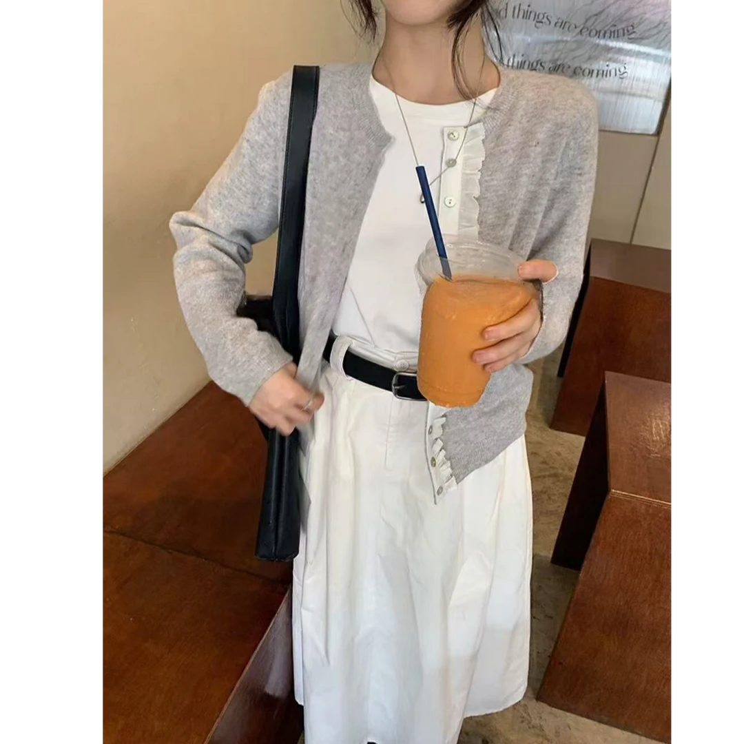 拼接花边针织开衫圆领纯色T恤百搭半身裙温柔风套装【不送腰带】】