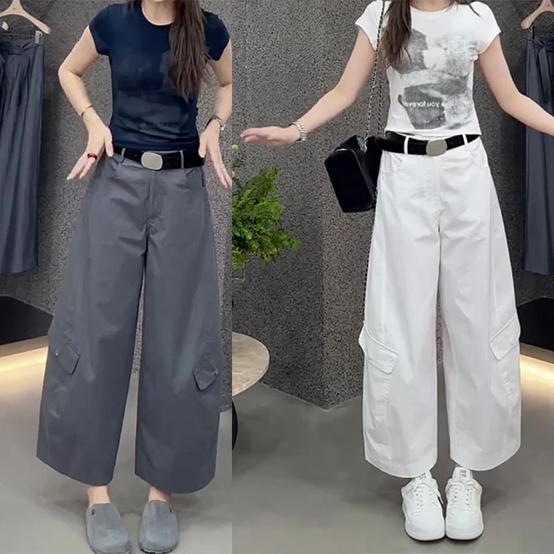 秋季新款大码女装高腰阔腿工装休闲裤梨形身材显瘦宽松九分裤