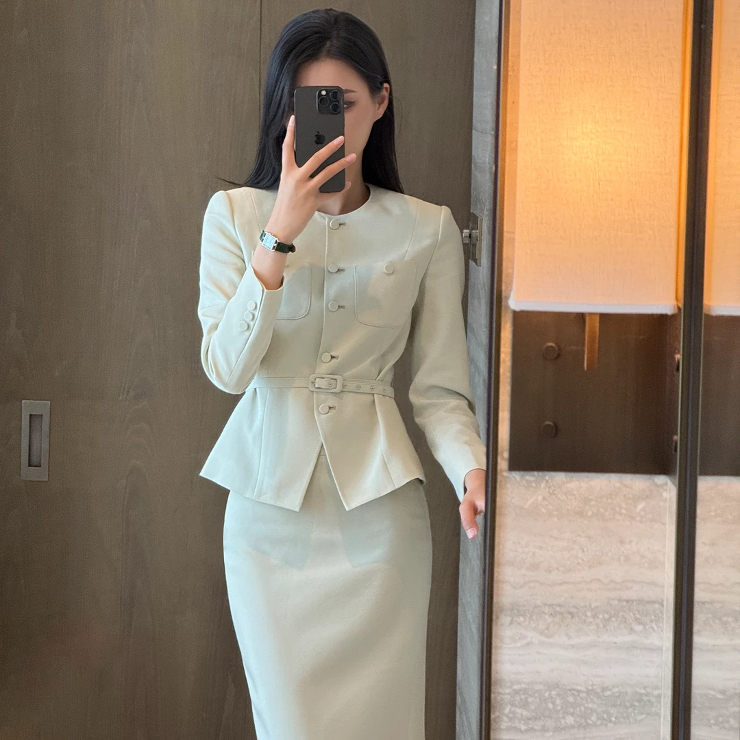 冷感简约 高'级浅盛夏呼吸奢感醋酸单排扣西装外套半身裙套装3455