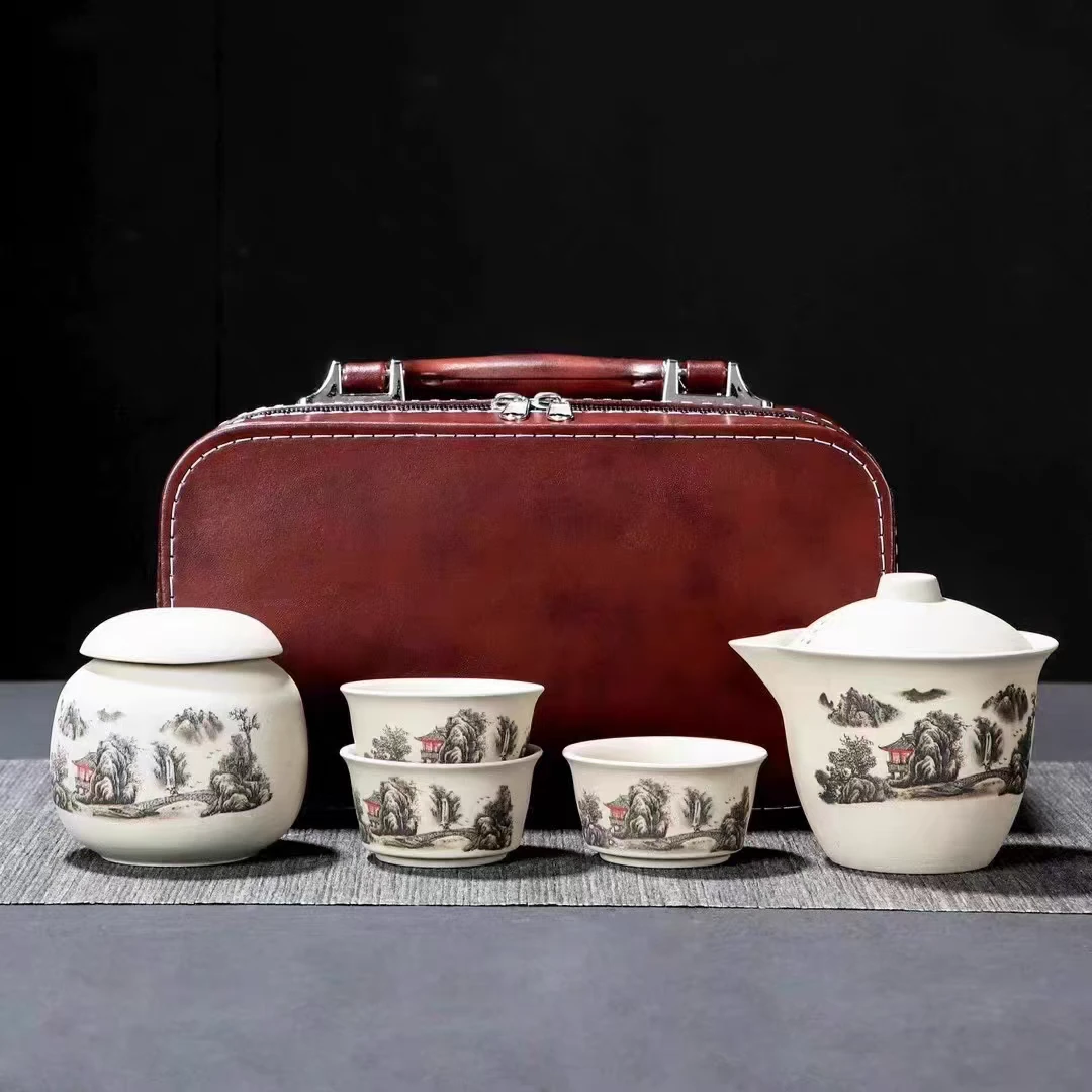 粗陶山水旅行小套组家用办公轻奢高档茶壶茶杯套组2115