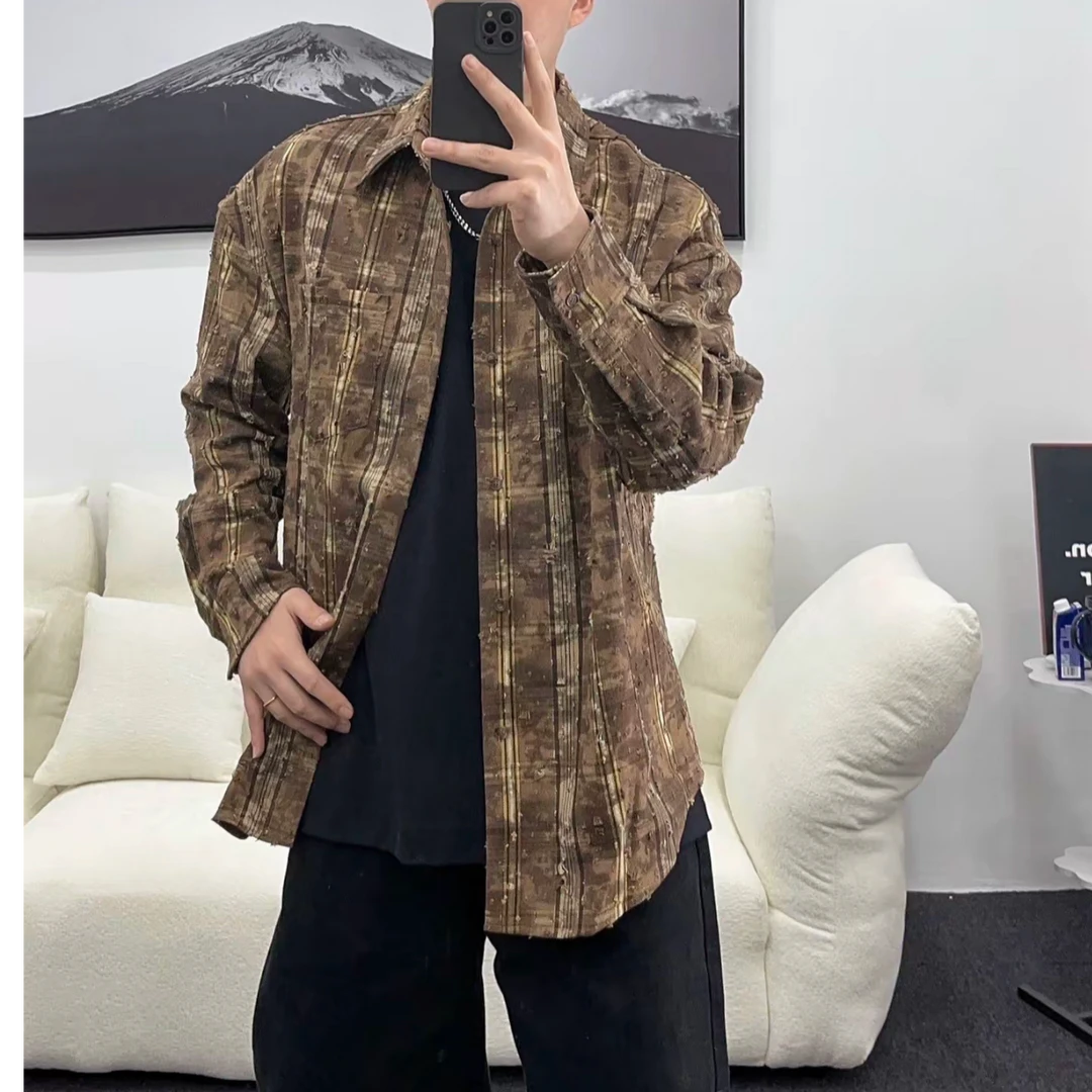 设计感毛边破洞格子衬衫男士高级感潮流痞帅长袖衬衣外套8088