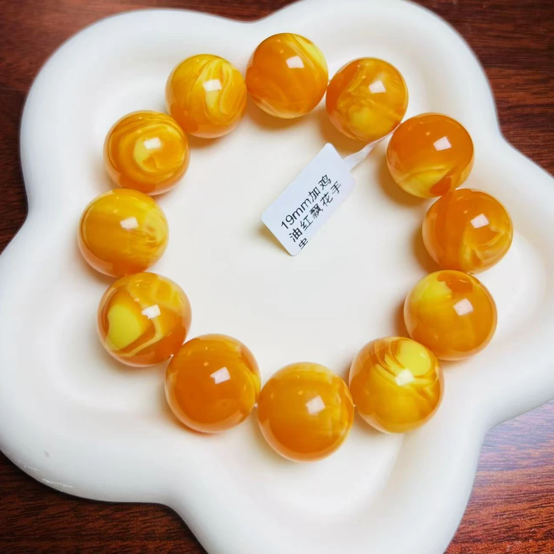 W025古巴新蜜鸡油红飘花手串19mm