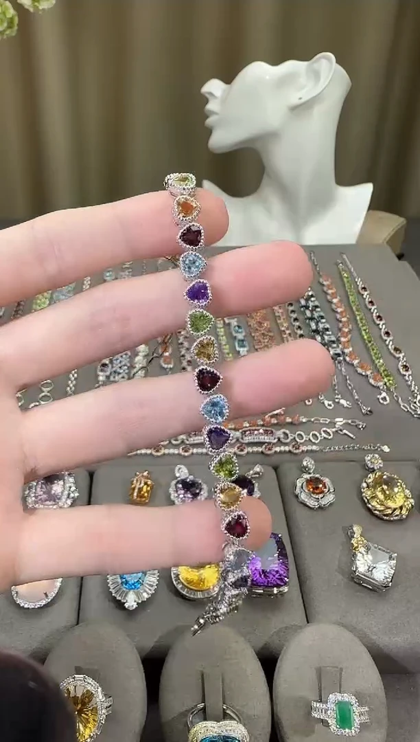 银S925镶嵌手链水晶6mm多彩宝手链高级款