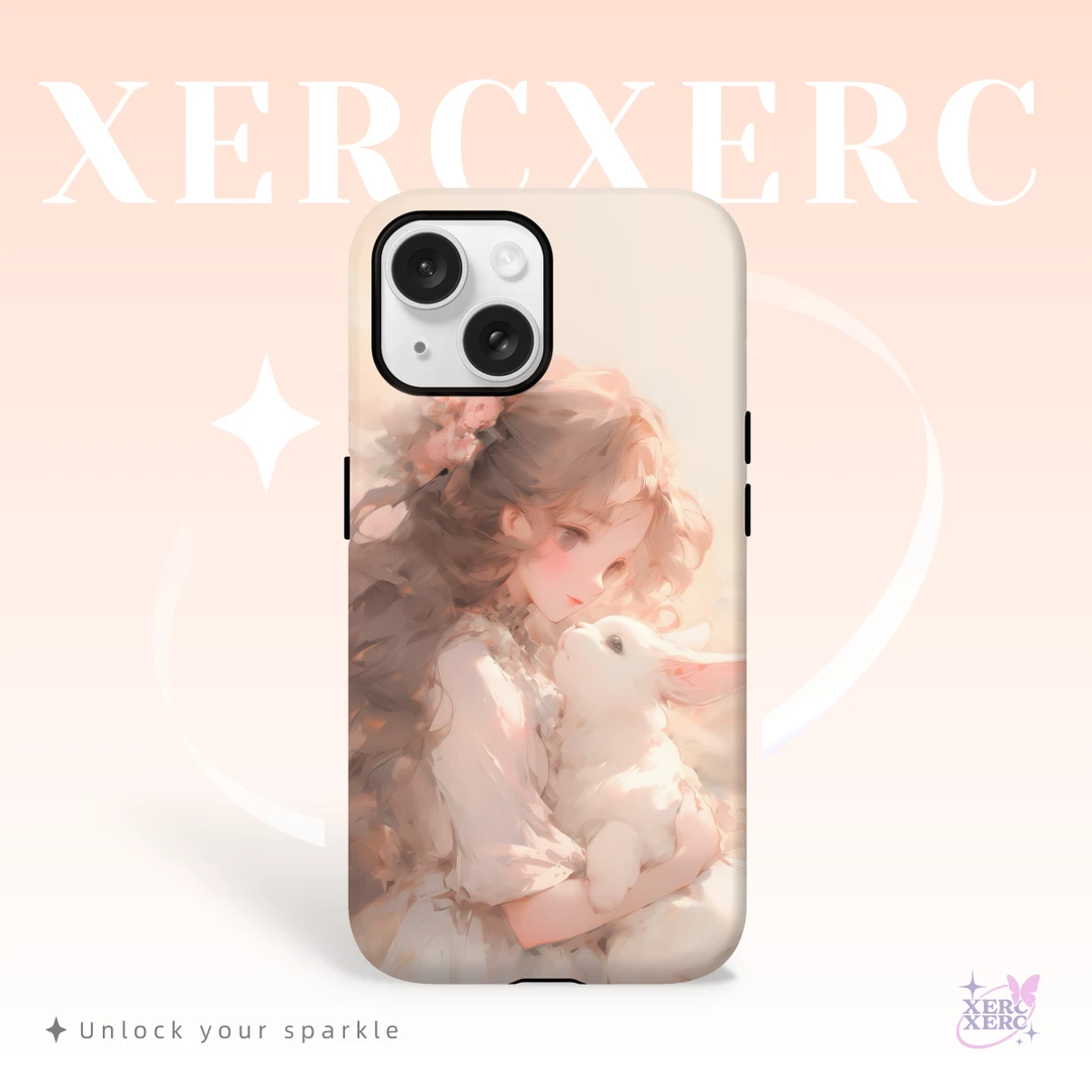 兔眠·原创油画女孩兔子插画动漫全包菲林二合一苹果15手机壳