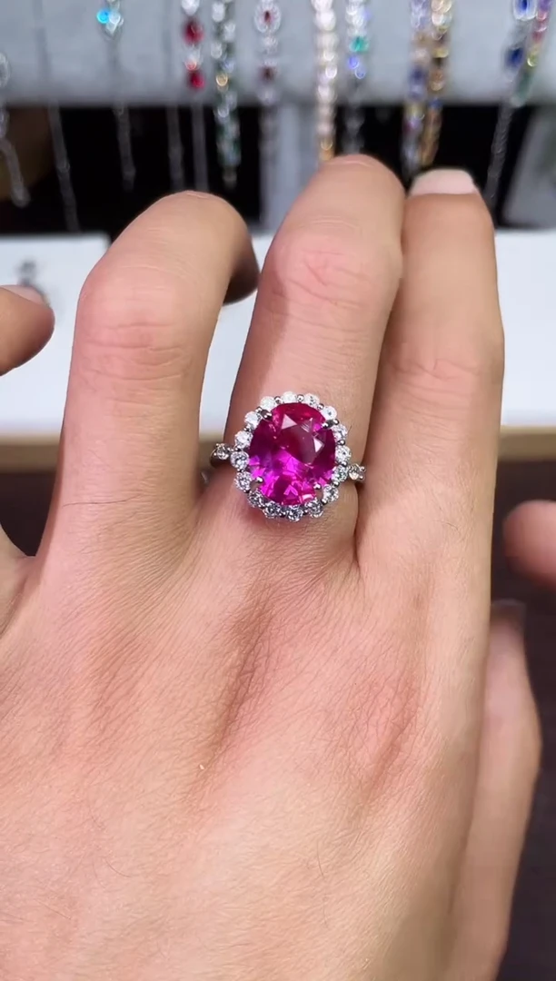 足铂镶嵌合成（培育）红宝石吊坠(赠链)热粉戒指