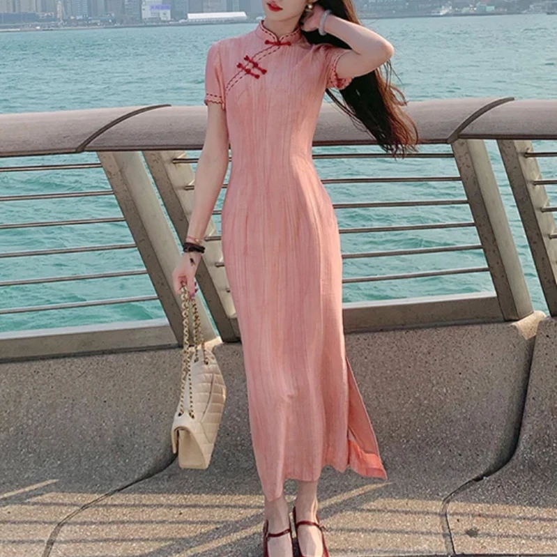 【青未了】2025夏季新款丝麻国风改良后拉链旗袍连衣裙 衣长122