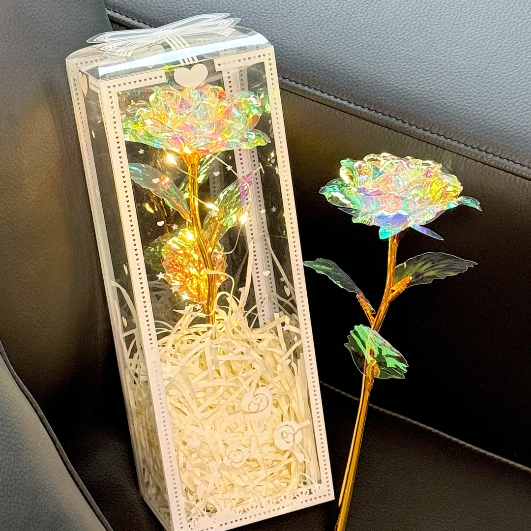 新款七彩炫光玫瑰花束仿真永生花装饰摆件拍照道具生日礼物送女友