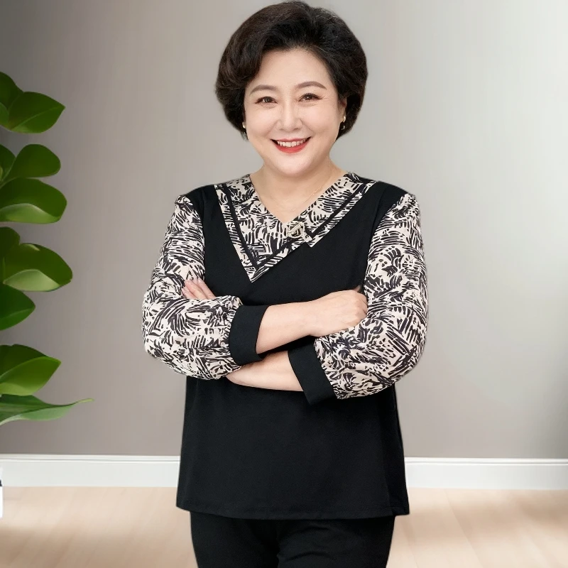 中老年女装印花拼接小衫秋装宽松妈妈装针织面料透气七分袖顺滑袖