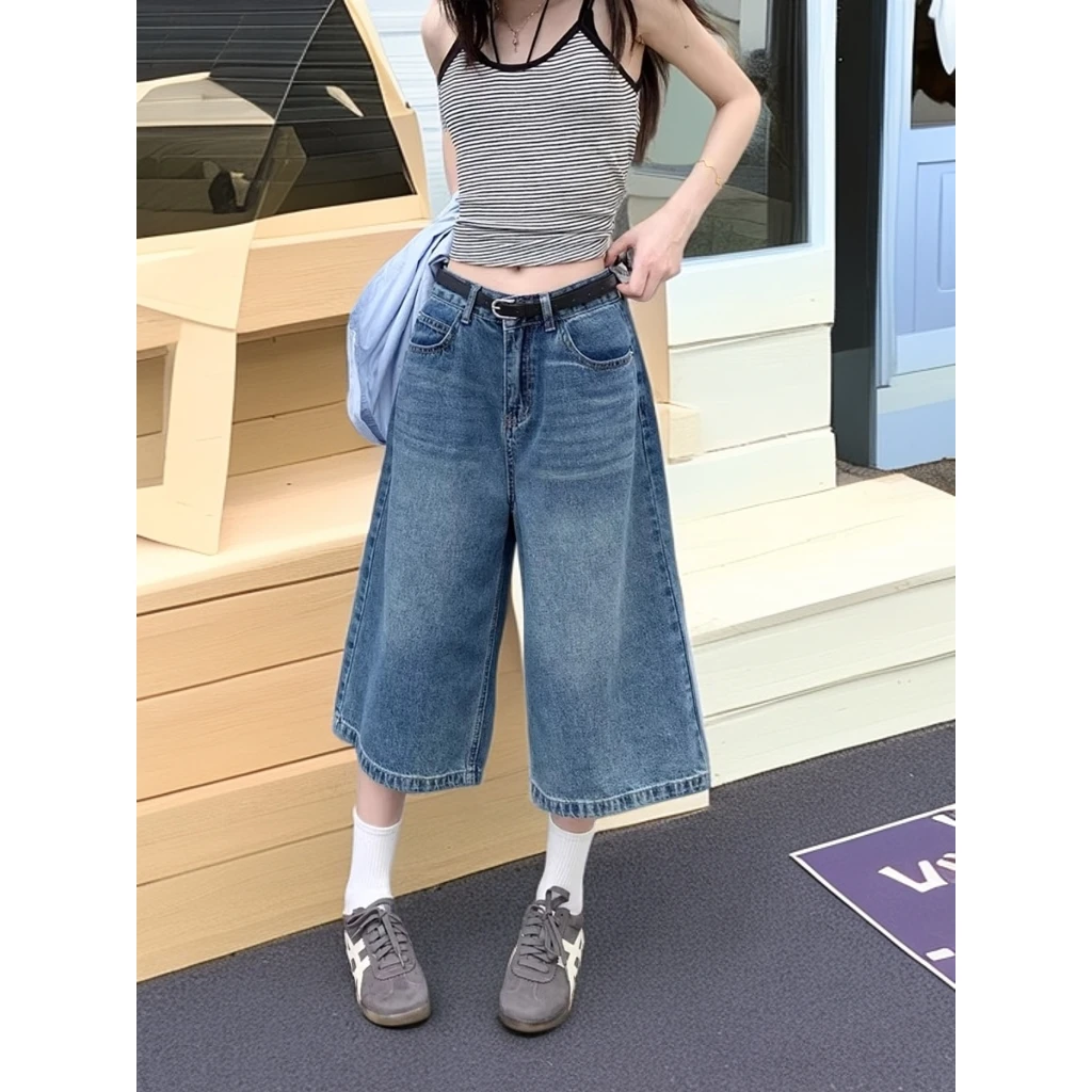 阔腿七分牛仔裤女夏季薄款2025新款高腰松弛感慵懒风直筒五分中裤