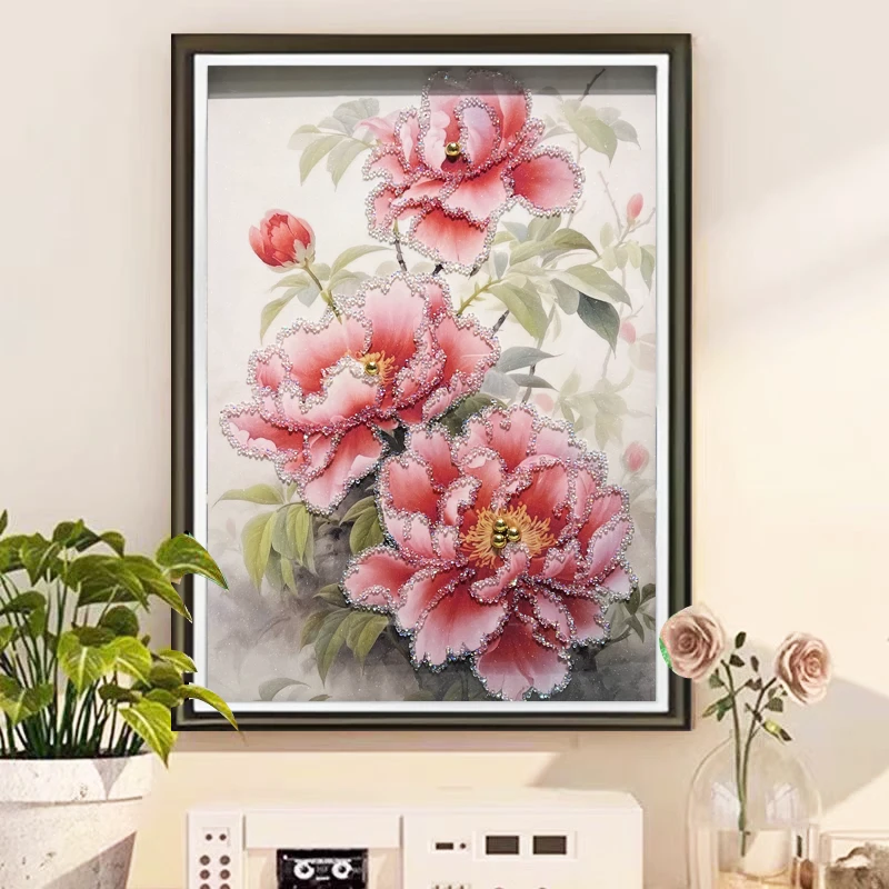 Q169牡丹花时尚餐厅客厅轻奢挂画钢化玻璃装裱实物鎏金画装饰画