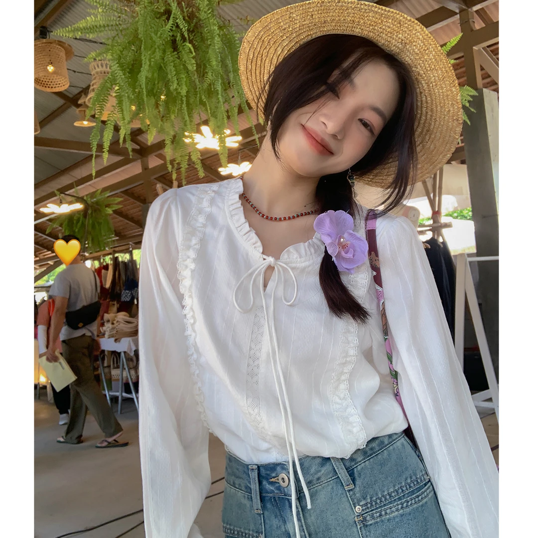 (运费补贴)100%棉2025年秋花边领白衬衫女小个子别致温柔风衬衣女