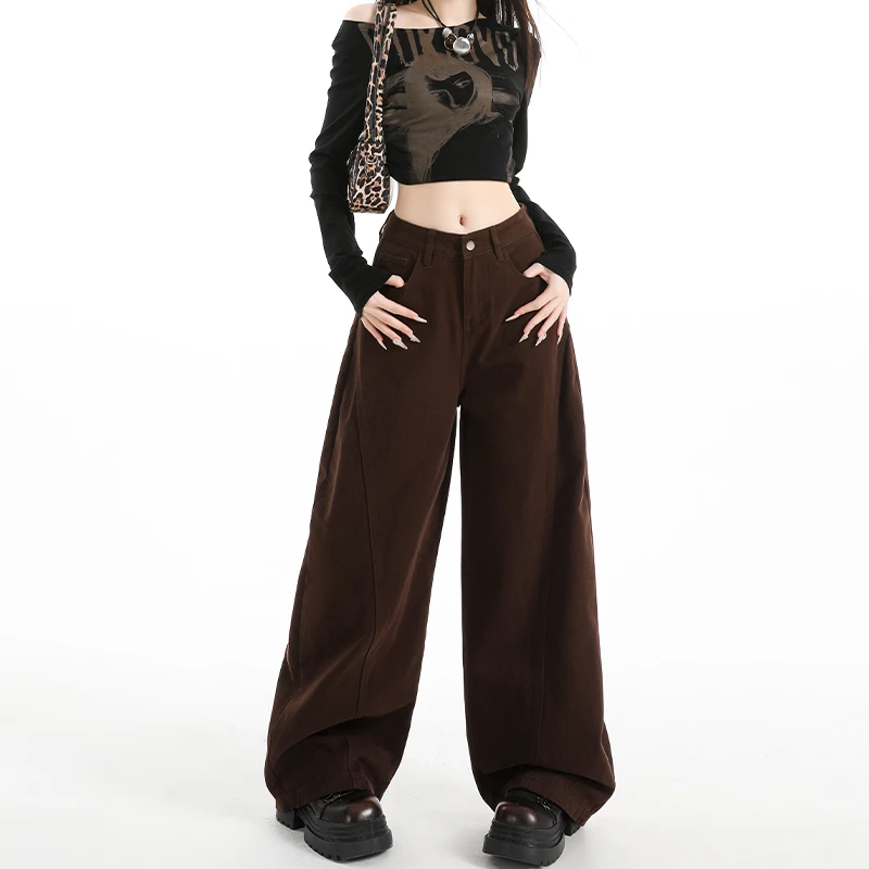 复古咖色潮流阔腿弯刀牛仔裤女2025秋季新款遮胯宽松显瘦香蕉裤子