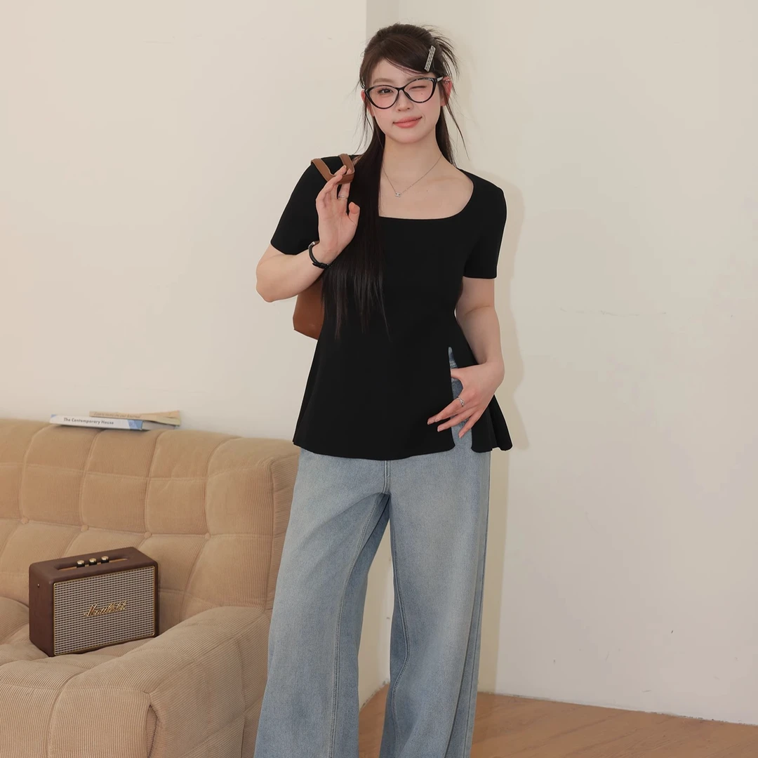 大女装胖妹妹mm修身显瘦开衩黑色T恤2025夏季新款遮肚子显瘦上衣