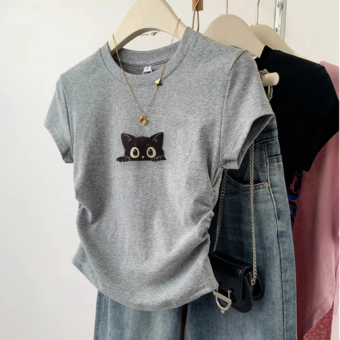 灰色猫咪正肩短袖t恤女夏季2025新款爆款设计感修身显瘦短款上衣