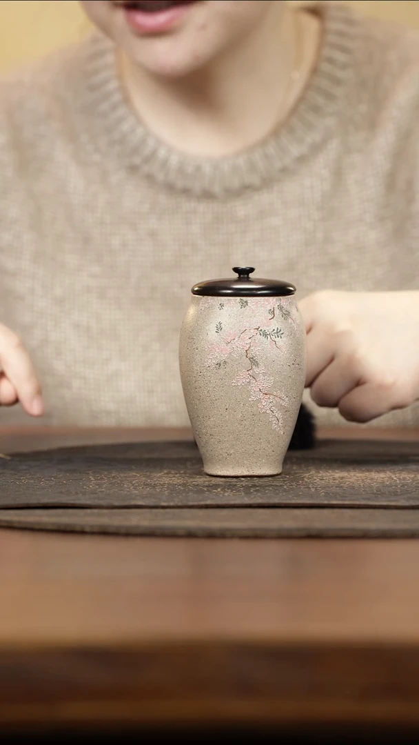 紫砂茶叶罐木盖定窑白泥绘紫藤花茶叶罐