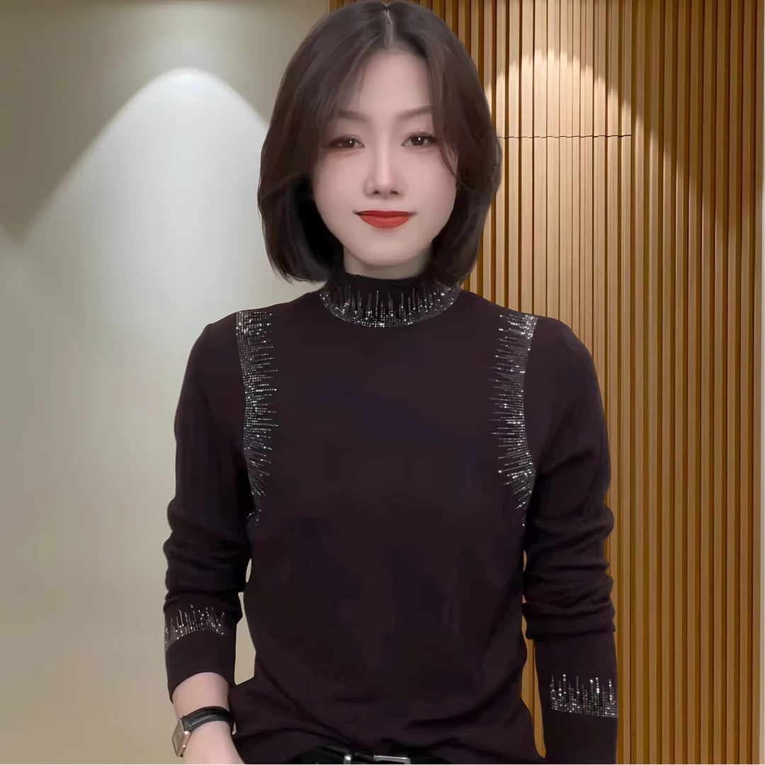 【茶芙巷】时尚百搭显瘦德绒半高领保暖纯色烫钻长袖打底衫【ZS】