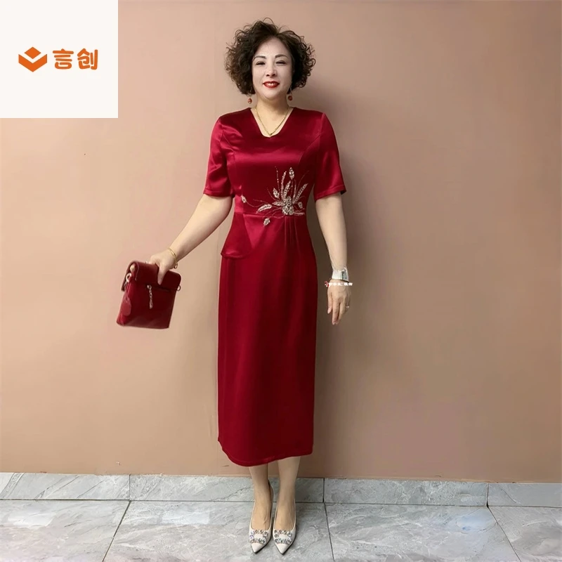 403夏季高端妈妈婚宴装镶钻旗袍夏季短袖喜婆婆礼服假两件连衣裙