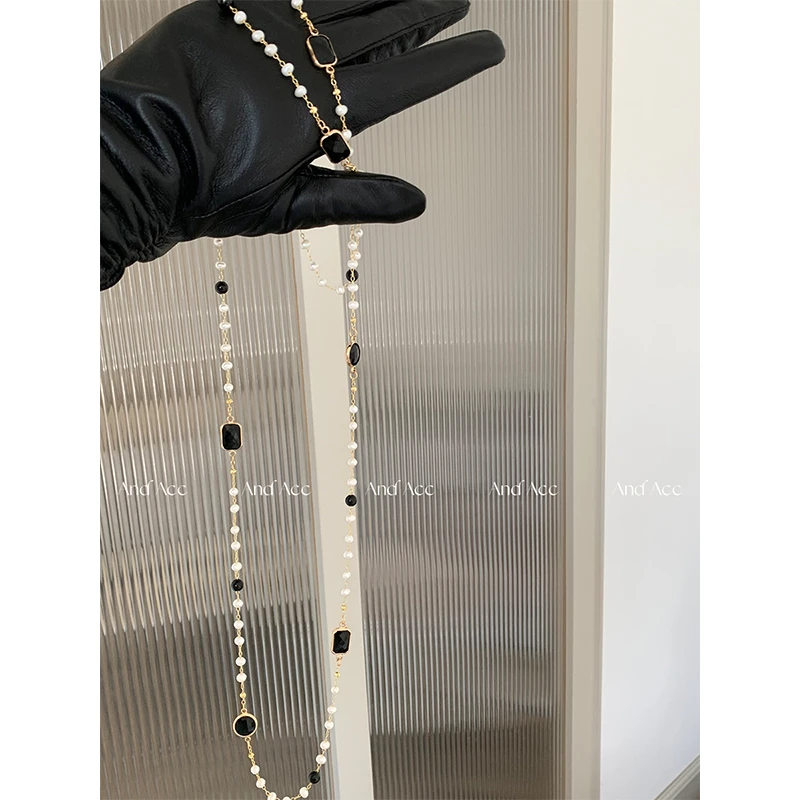 And Acc珍珠拼接时尚款长项链多种戴法ins风多层黑色锁骨链女百搭