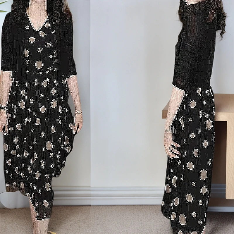 斌14外衣+背心裙2025春季新款黑色清新女神范气质波点连衣裙M-4XL