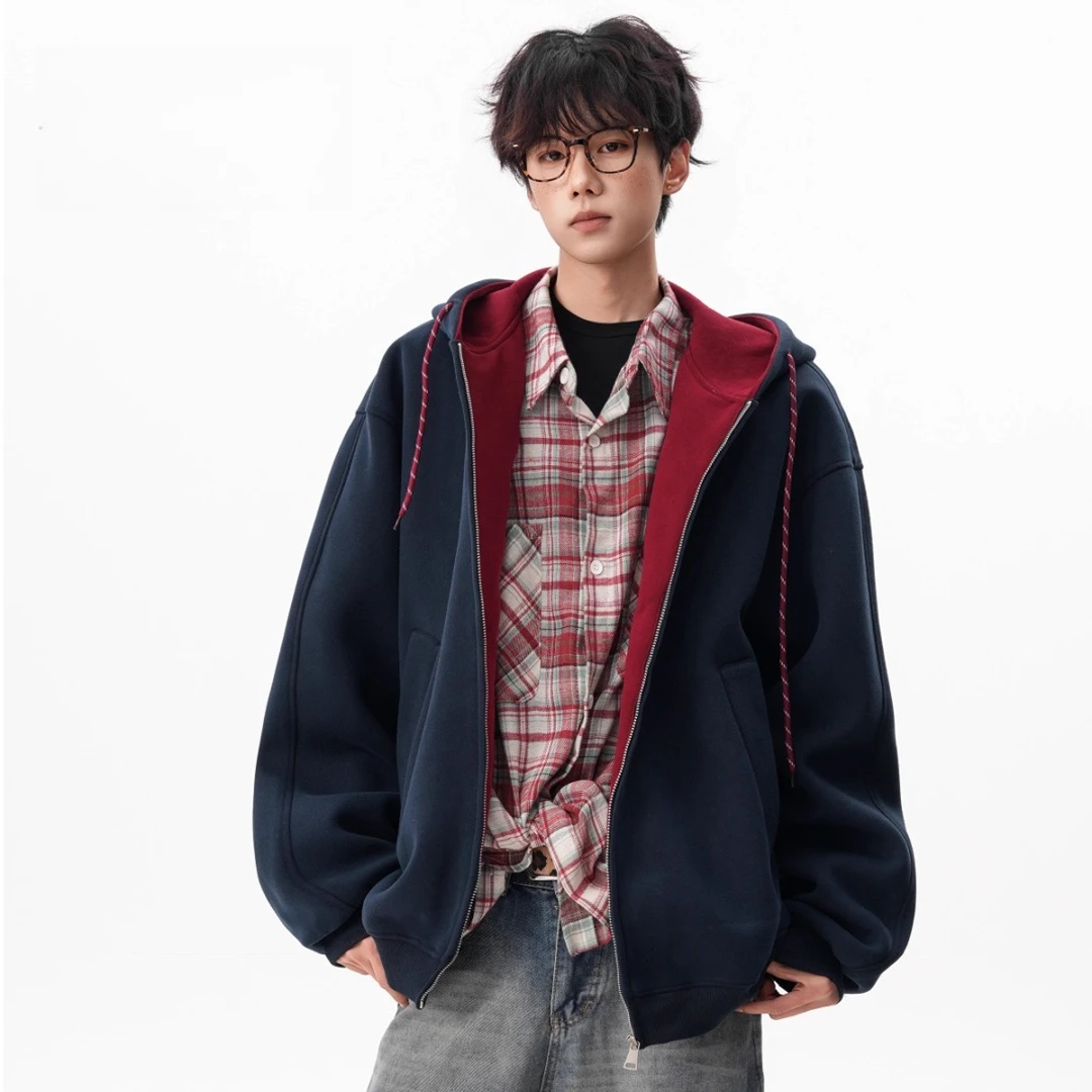 美式慵懒chic连帽撞色卫衣秋冬季2025新款宽松百搭拉链开衫潮外套