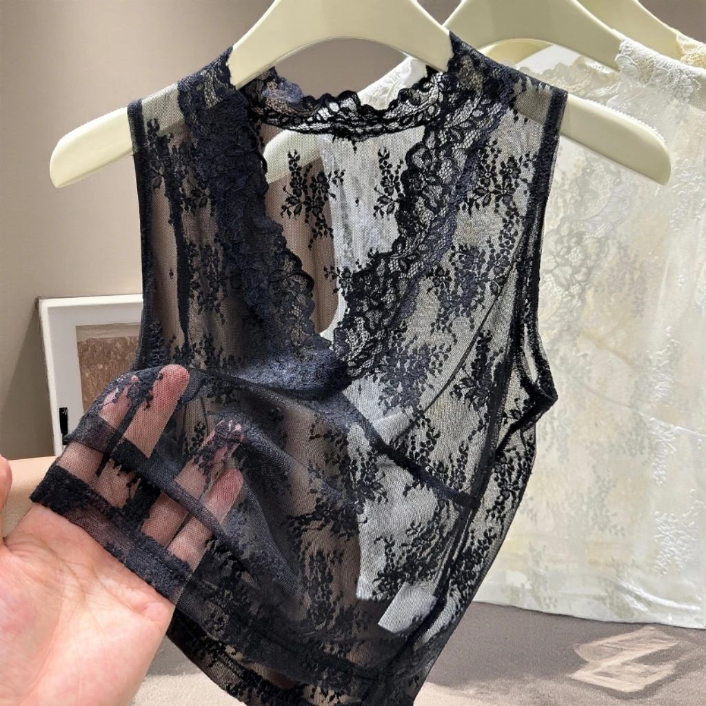 毛衣衬衫叠穿蕾丝打底衫女性感深V领内搭黑色网纱无袖背心假领口