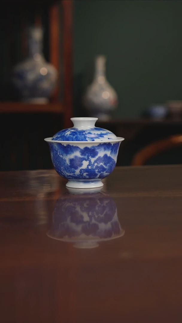 晓月柴窑 山水盖碗