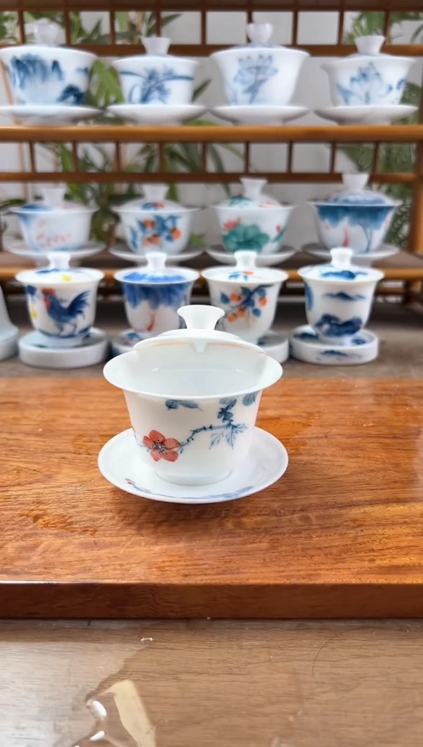 微瑕山茶花三才小马蹄盖碗
