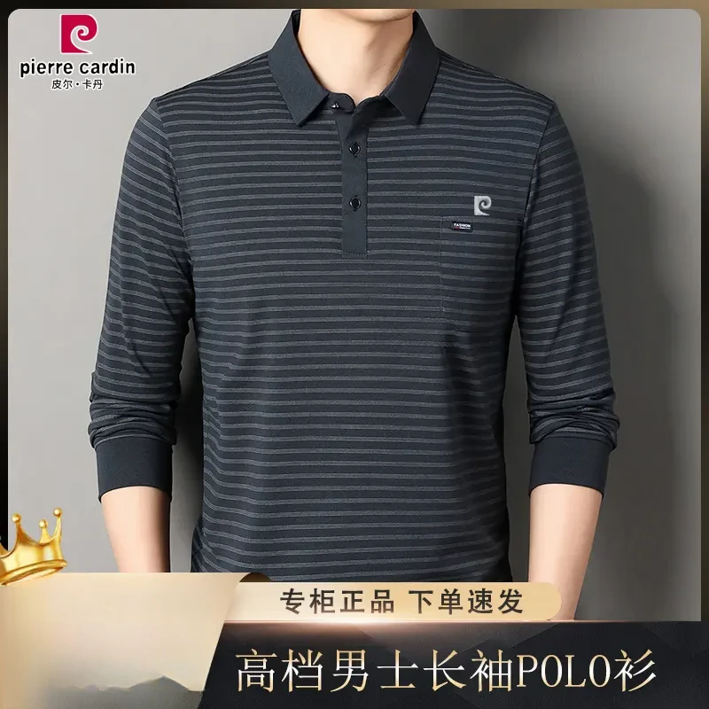 皮尔卡丹春秋季polo衫男士长袖休闲免烫真口袋高档条纹翻领T恤男.