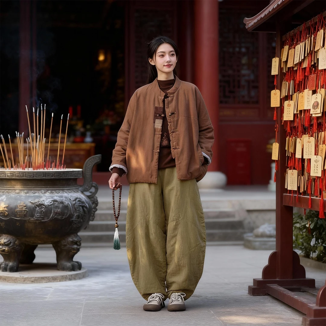 居士服冬装新中式国风棉袄棉麻夹棉外套复古盘扣棉衣禅修服女套装