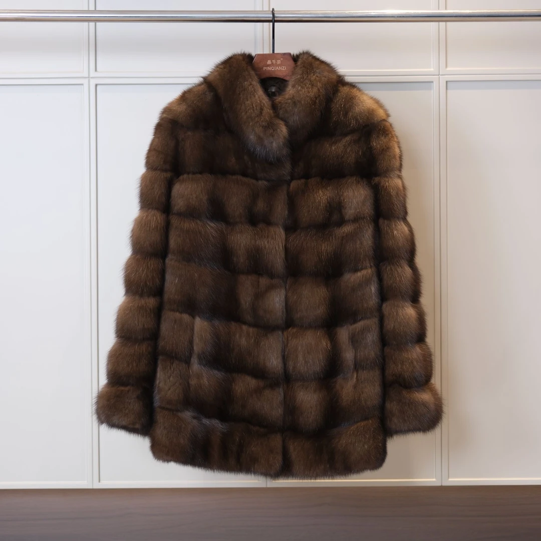 【品千姿】俄罗斯紫貂横排工艺银针中长立领 衣长75